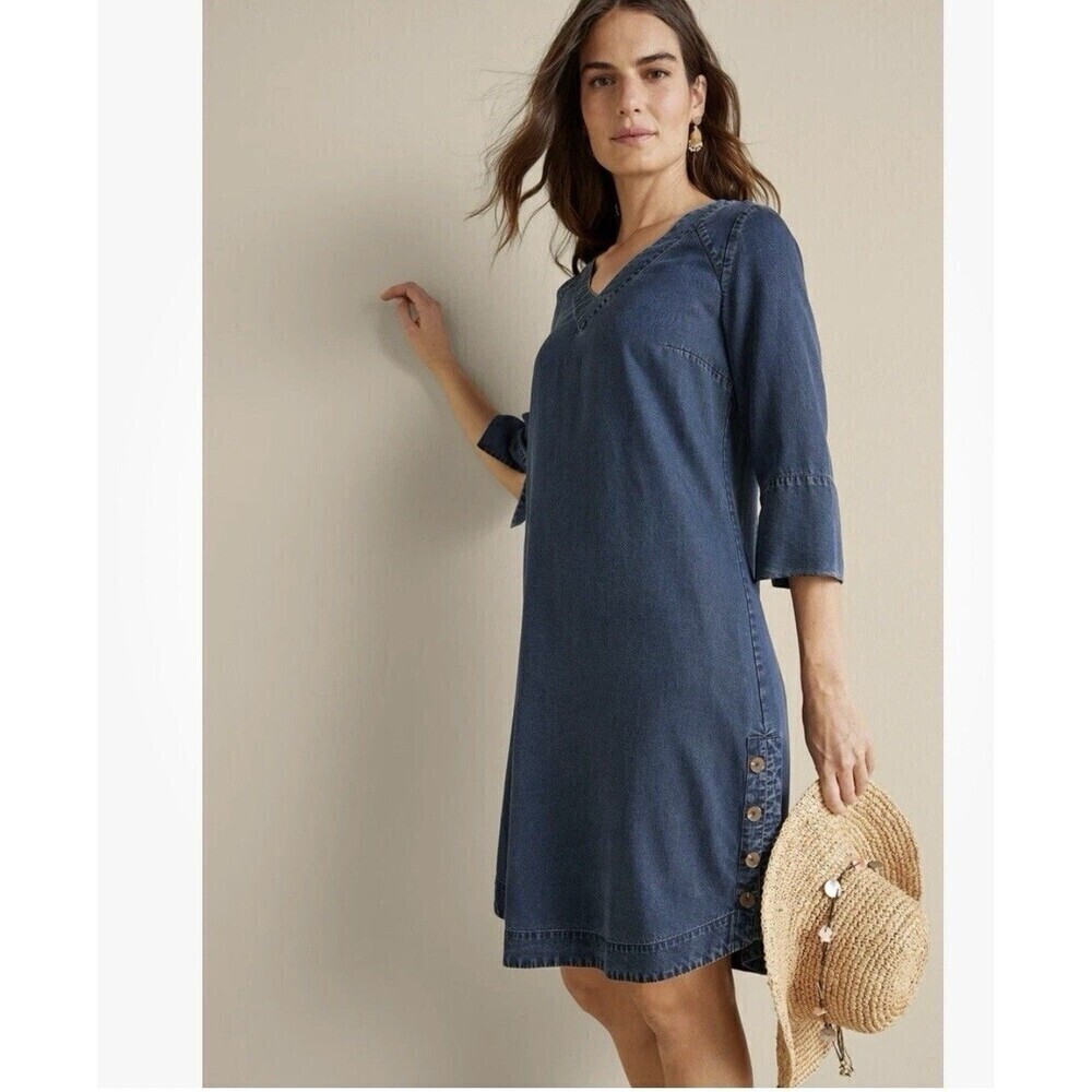 Soft Surroundings Positano Getaway V Neck Shift Dress Sz S Chambray Denim Tencel